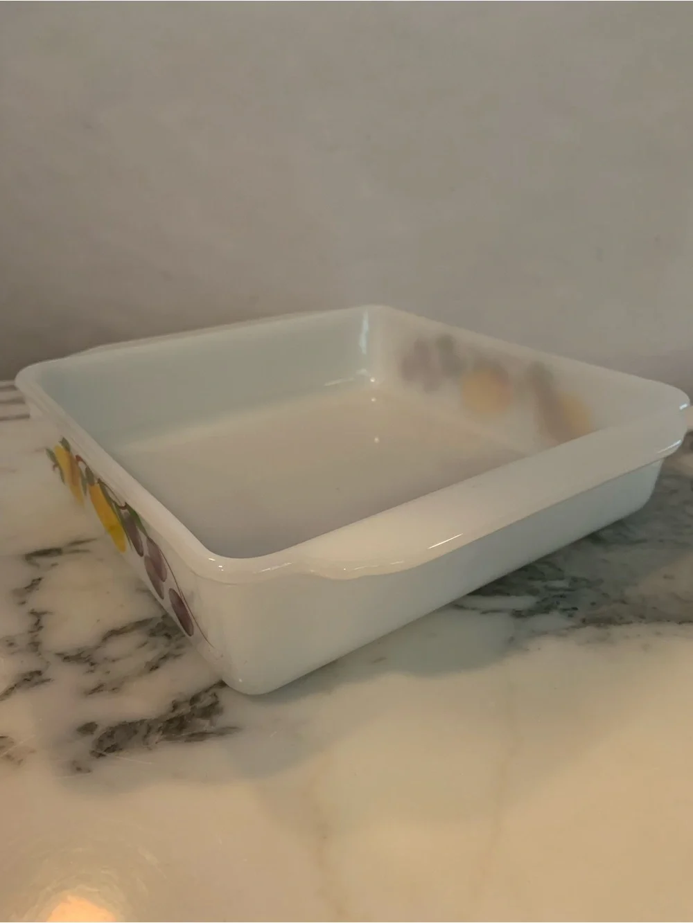 Vintage Fire-King Gay Fad Fruits Milk Glass Square Baking Dish 8” Casserole